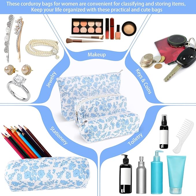 3 Pcs Makeup Bag Set for Women Corduroy Cosmetic Pouch Aesthetic Smile Travel Toiletry Bag Cute Purse Pouch Pencil Case Makeup Brushes Storage Organizer with Zipper (Blue,Floral)