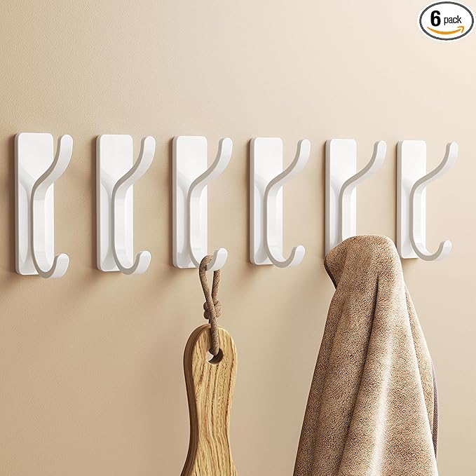 pickpiff Adhesive Wall Coat Hooks - Heavy Duty Stick-On Door Hanger, Metal Hook for Hanging Towel,Purse, Robe, Backpack, Jacket, Clothes - for Bathroom,Dorm, Closet, Kitchen - White, 6 Pack
