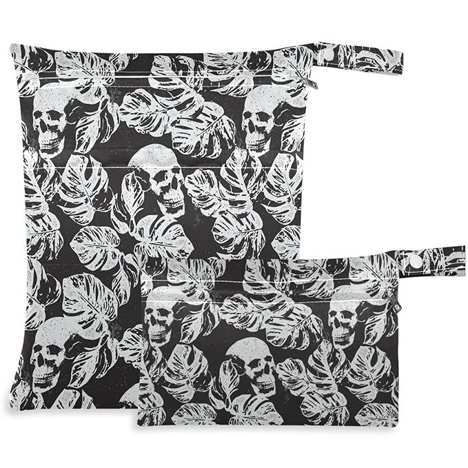 visesunny Skull Leaf Black Pattern 2Pcs Wet Bag with Zippered Pockets Washable Reusable Roomy for Travel,Beach,Pool,Daycare,Stroller,Diapers,Dirty Gym Clothes, Wet Swimsuits, Toiletries