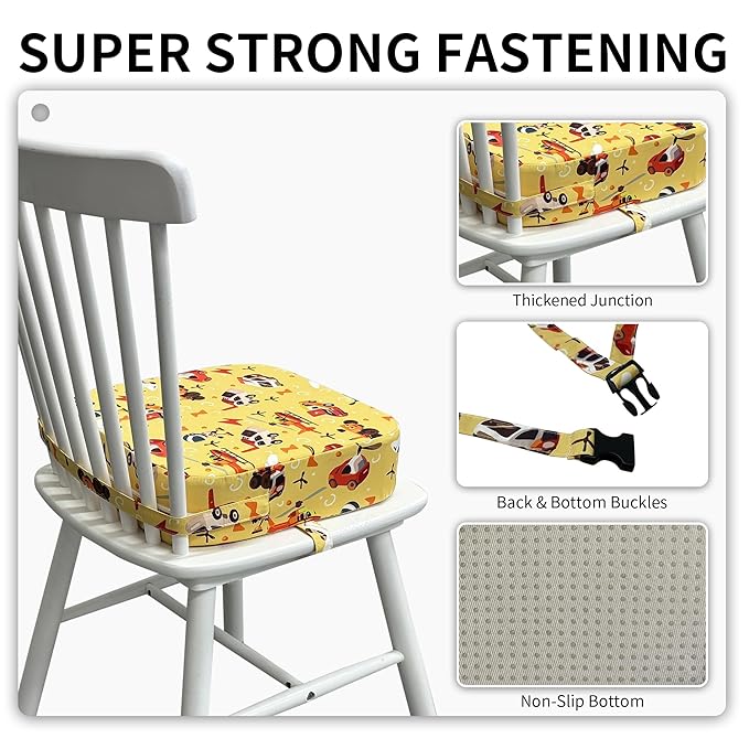 Toddler Booster Seat for Dining Table, Waterproof Kids Booster Seat for Kitchen Chair, High Density Foam Cushion with Non-Slip Bottom, Washable Cover & Adjustable Straps (Car)