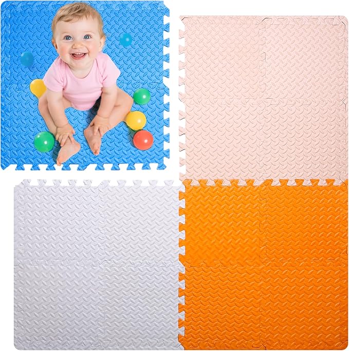 Coolcandy Baby Foam Play Mat 16Pcs with Edge Strips, 4 Colors Interlocking Floor Tiles, 0.4″ Thickened Non-Slip Puzzle Floor Mat for Infants Toddlers Playroom & Daycare
