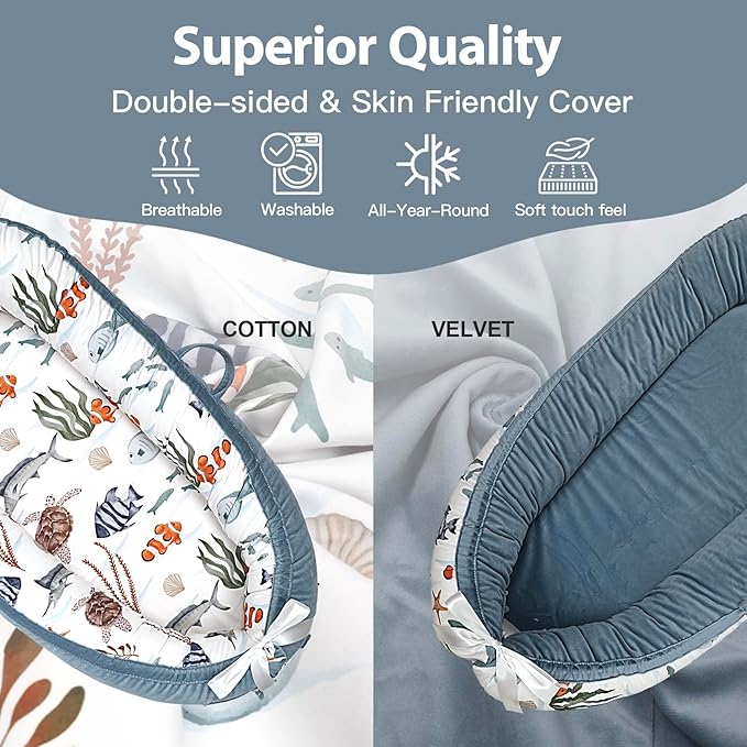 Baby Lounger-Breathable and Soft Organic 100% Cotton, Portable Infant Lounger with Removable Lounger Cover, Baby nest Lounger for Newborn - Sea World