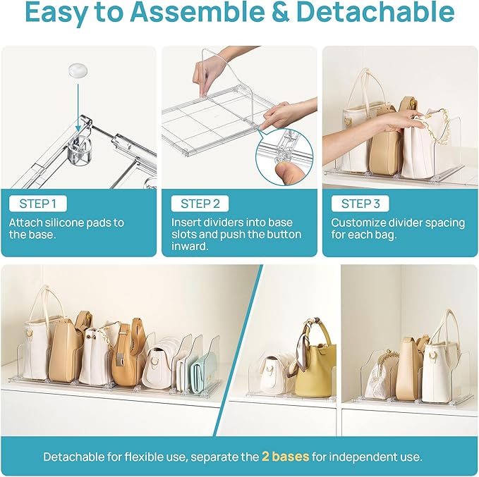 Vtopmart Free-Adjustable Purse Organizer for Closet with 4 Base, Clear Handbags Storage Organizer, Fits Different Bag Sizes & Closet Shelf, Expandable Plastic Shelf Dividers for Handbags, Wallets