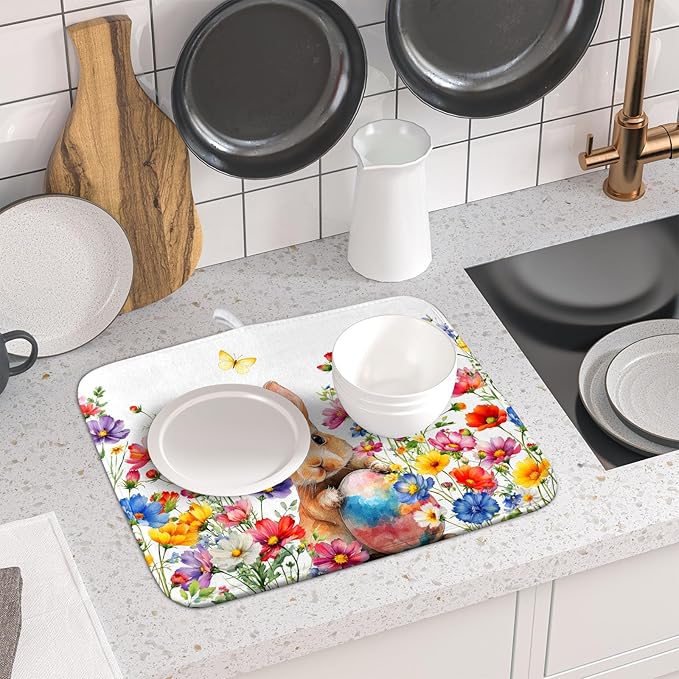 Spring Easter Rabbit Egg Dish Drying Mat for Kitchen Counter,Colorful Flowers Butterfly Drying Mat 16 x 18 Inch with High Absorbent Microfiber Drainer Mat for Coffee Bar