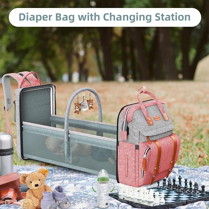 ISMGN Diaper Bag Backpack with Changing Station, Large Diaper Bag, Baby Bag, Multifunctional Diaper Bag, Pinkgray