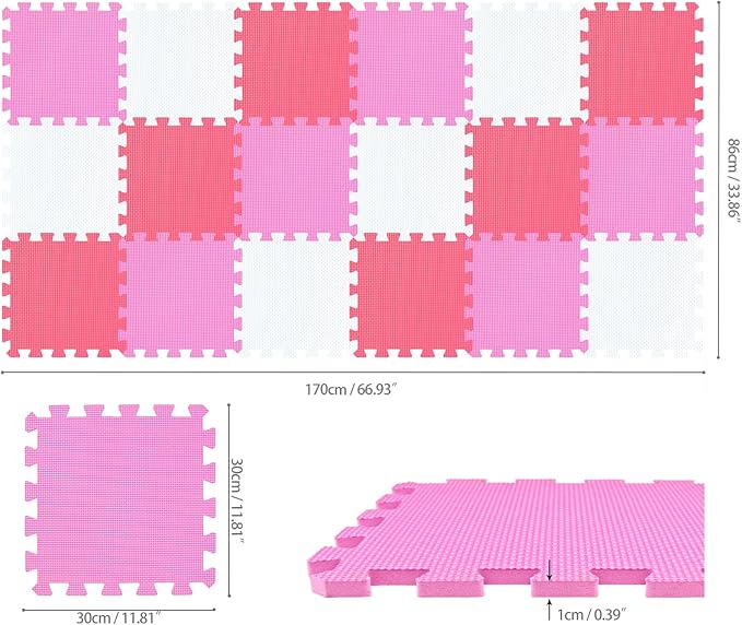 qqpp EVA Rubber 18 Tiles Interlocking Puzzle Foam Floor Mats - Baby Play Mat for Playing | Exercise Mat for Home Workout. White, Pink, Red. QC-ACIb18N