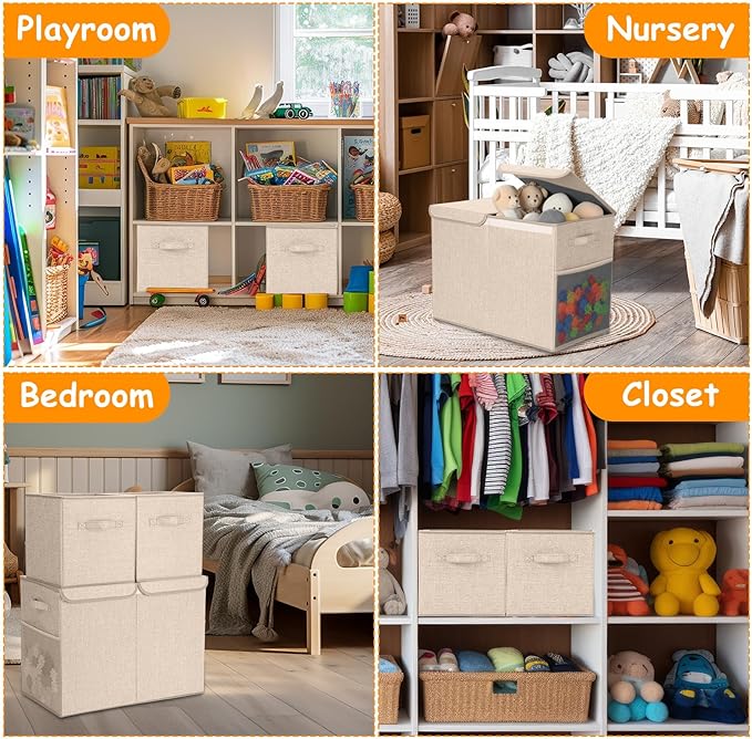 Fiwochic 3 Pack 23" Large Toy Storage Box with 11" Cubes Bins, Collapsible Toy Organizer Chest with Lids for Kids Nursery Playroom Bedroom Living Room Christmas Ornament Storage Box(Beige)