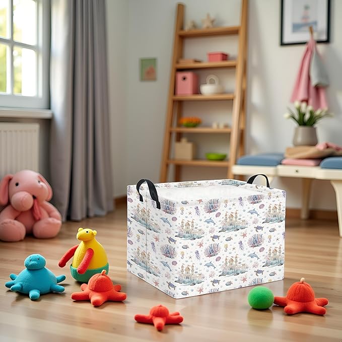 TIBAOLOVER Rectangular Kids Storage Basket Boys for Home Kitchen Girls Cute Storage Bin Organizer Shelf Book Room Decor(Sea Castle)