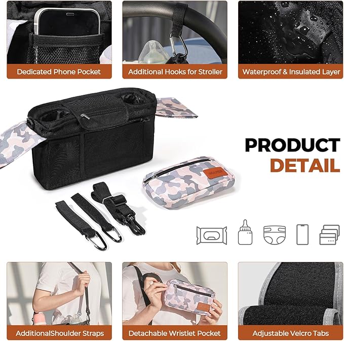 WUUTER Stroller Organizer with Cup Holder Detachable Wristlet Large Capacity Baby Stroller Bag for Mom, Fits Uppababy, Baby Jogger, Britax, BOB, More (Multicolor)