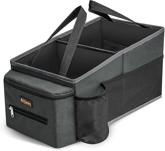 Car Back Seat Organizer - Road Trip Essentials Kids, Automotive Organization Car Accessories for Women Men Interior with Cup Holders, Tissue Box, Mesh Pockets, Grey