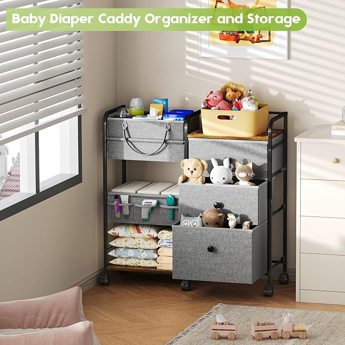 2In1 Baby Diaper Caddy Organizer and Storage, 3 Tier Rolling Cart with Dividers and Drawers, Mobile Utility Cart Baby Dresser Clothes Organizer for Changing Table, Crib Nursery, Bedroom, Grey