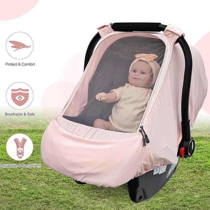 Baby Car Seat Cover,Sunproof Car Seat Canopy for Babies, Extra Large Mesh Window Baby Car Seat Sun Shade Cover, Infant Carseat Covers for Summer/Autumn Use(Pink)