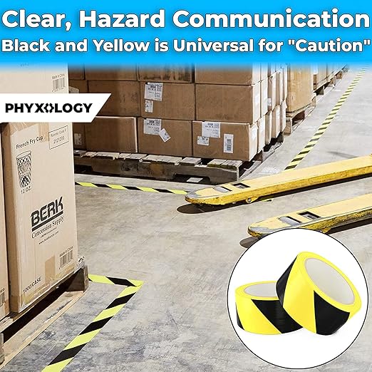 Double-Roll of Ultra-Adhesive Black & Yellow Hazard Tape for Floor Marking 2 Pk. Mark Floors & Watch Your Step Areas for Safety with High-Visibility Anti-Scuff Striped Vinyl by Phyxology Supply.