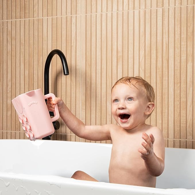 Rinzee® Baby Bath Cup with Suctions - BPA Free, 100% Food Grade Silicone Rinse Cup, Clutter-Free Tub Area, Kids Learning Tool, Sticks to Tiles, Drains Water Upside Down-patent pending
