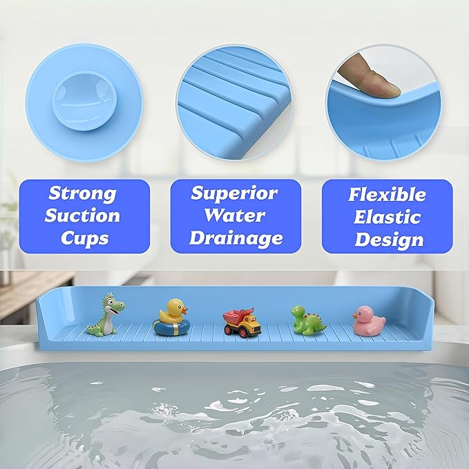 31IN Silicone Bathtub Splash Guard for Kids, Strong Suction Cups Tub Topper & Bath Toy Holder, Bath Tray Play Shelf & Bathroom Toy Storage, Kids Bathroom Accessories, Prevents Water Spills