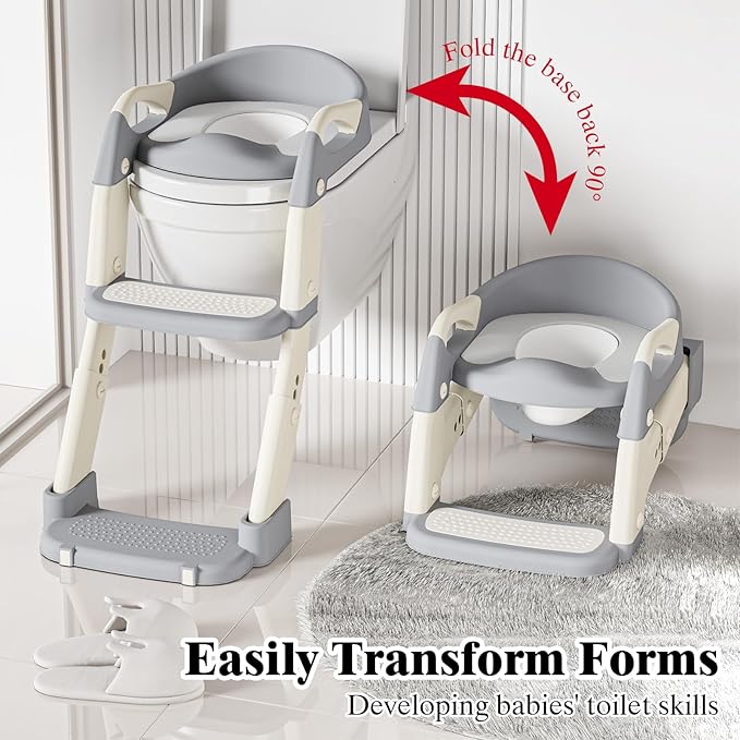 DEEKI 3 in 1 Potty Training Seat with Step Stool Ladder Foldable Anti-slip Toilet Chair Potty Seat for Toddlers Kids Boys Girls(Grey)