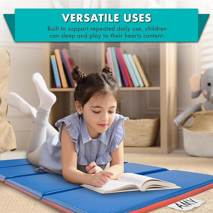 ProSource Four-Fold Kids Rest Mat, 2-inch Thick Sleeping Mats for Kids, Foam Foldable Cushion for Child Comfort, 48-in - Blue/Red