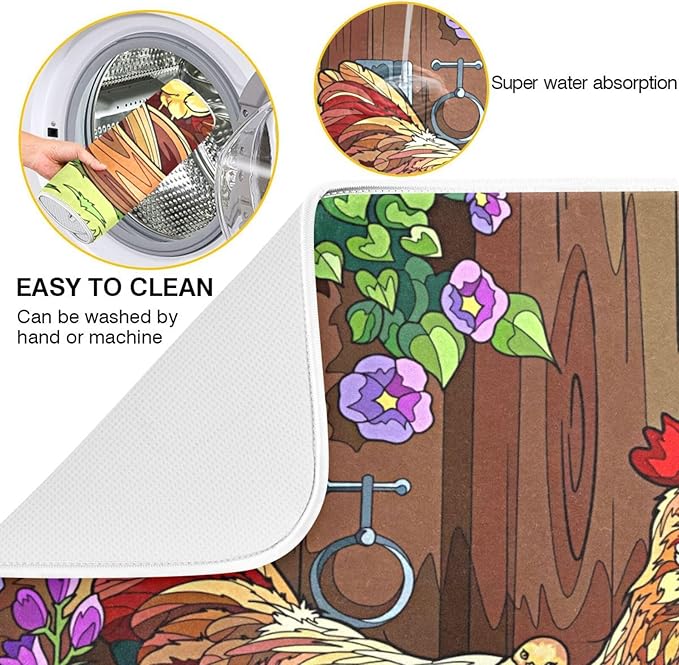 Absorbent Dish Drying Mat for Kitchen Counter - Rooster Birdie Chick Microfiber Drying Pad, Reversible Drainer Mats for Countertop, Small 16" x 18"
