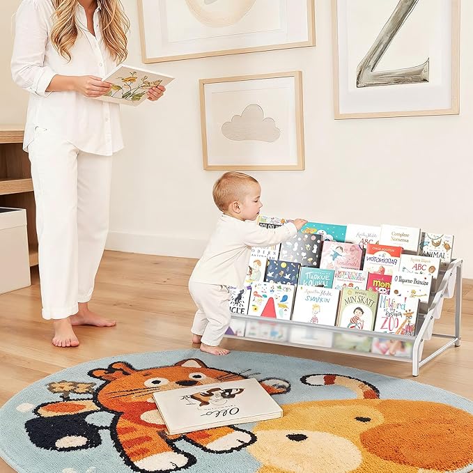 4-Tier Toddler Bookshelf & Organizer - Sturdy Metal Book Rack for Kids Room - Montessori Front-Facing Display Stand, High-Capacity Transparent Storage for Nursery & Playroom, 32 Inch