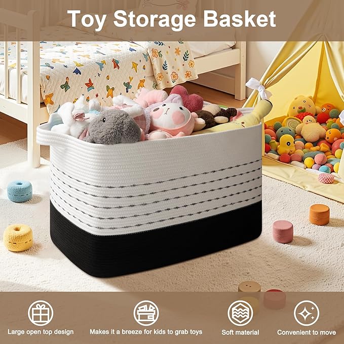 OIAHOMY 108L Extra Large Blanket Basket, 25”x16”x16” Rectangle Woven Cotton Rope Baskets for for Living Room, Toy Storage with Handle- Gradient Black