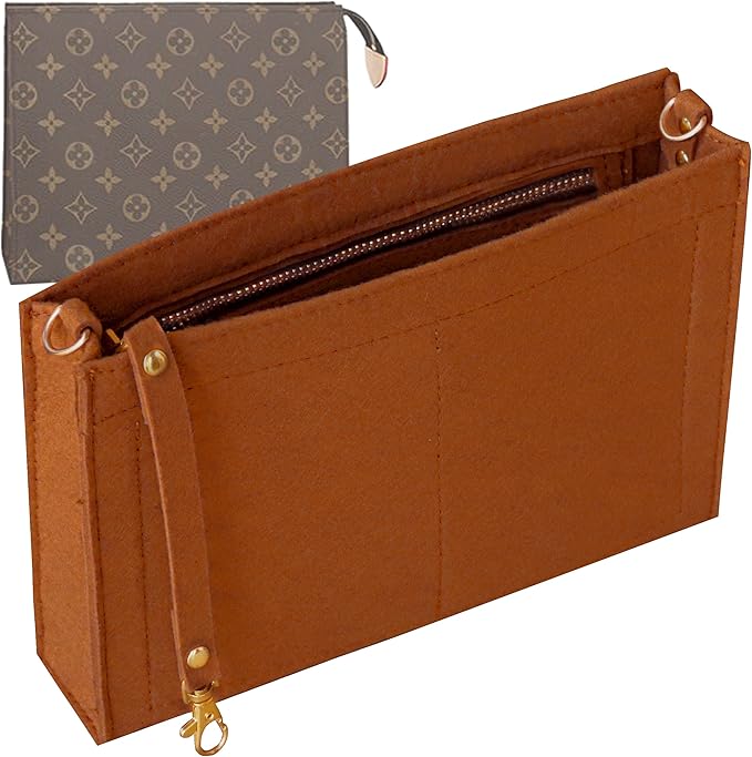 Soyizom Toiletry Pouch 19 26 Bag Organizer Insert for Cosmetics Tidy Organizer,Felt Purse Organizer Insert Ladies Tote Handbag Liner Pocket Organizer with Keychain & Gold Buckle & Zip(Small-19,Brown)