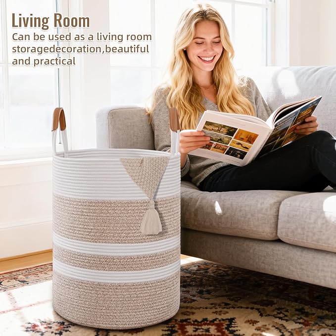 Degeyoyo 60L Striped Laundry Basket, Brown Laundry Hamper with Leather Handles, Woven Cotton Rope Storage Bin for Blankets, Nursery Hamper for Clothes, Toys In Bathroom, Livingroom, Bedroom