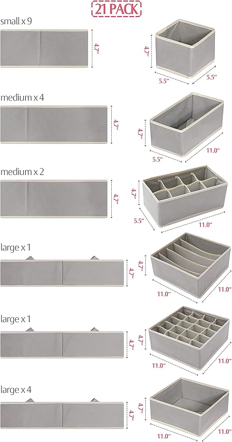 DIOMMELL Set of 21 Foldable Cloth Storage Box Closet Dresser Drawer Organizer Fabric Baskets Bins Containers Divider for Baby Clothes Underwear Bras Socks Lingerie Clothing,Grey 11-4249