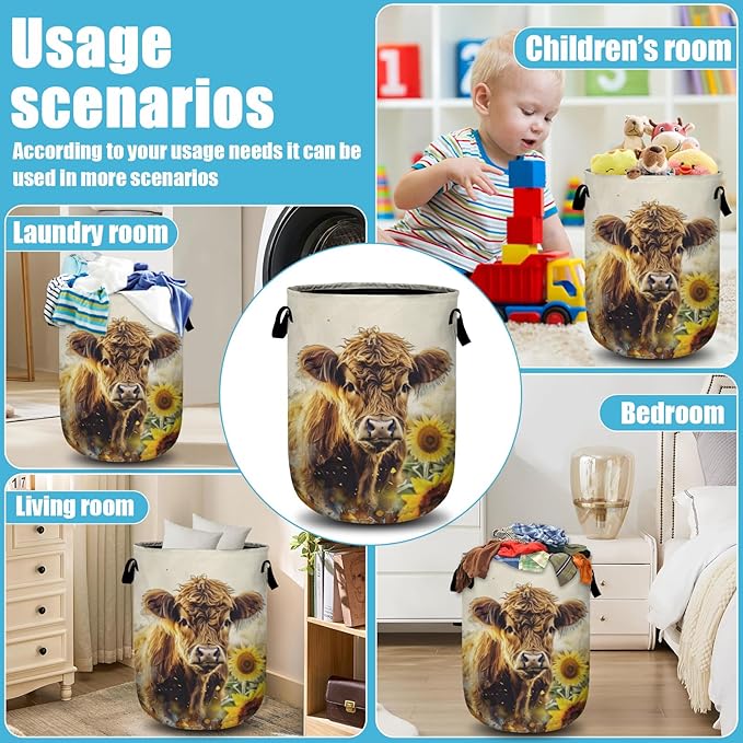 Highland Cow Sunflowers Laundry Basket, Laundry Hamper Collapsible Oxford Cloth with Handle Clothes Toy Storage Bin for Bathroom Laundry Room Bedroom 15.7 X 20 Inch