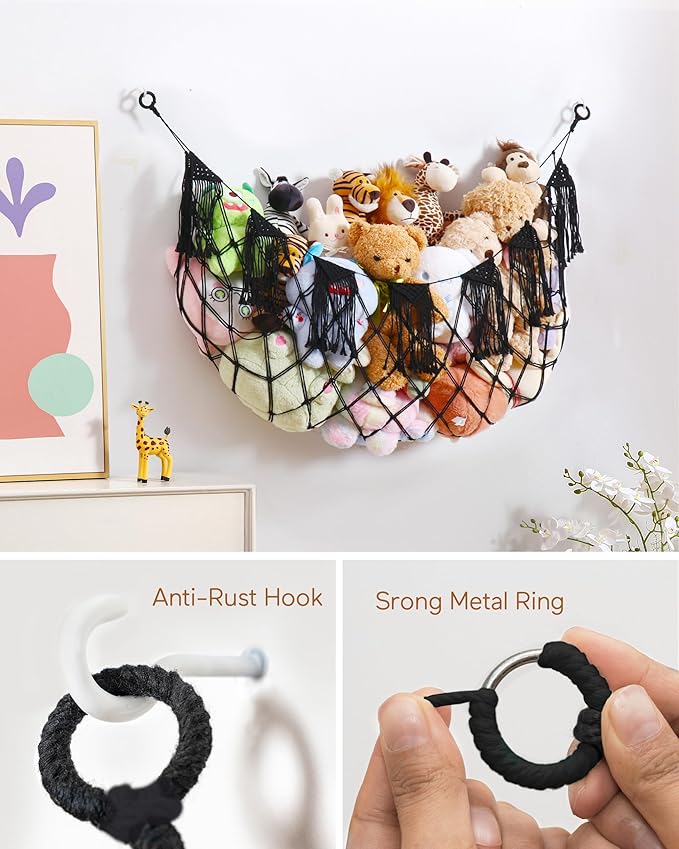 Boho Macrame Stuffed Animal Hammock with LED Lights, Wall Corner Hanging Plushie Net, Large Toy Organizer for Kids Bedroom Nursery Playroom & Dorm (Black XL)