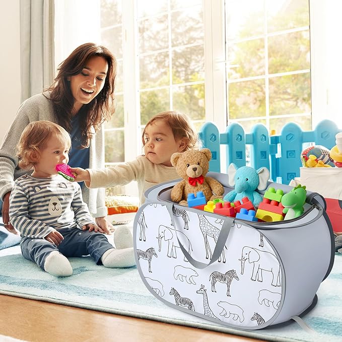 Seefoo Foldable Toy Storage Basket with Zipper Lid & Handles - Collapsible Stuffed Animal Organizer Bin, Space-Saving Lightweight Toy Chest for Baby, Kids, Nursery, Living Room - Animal Print, Gray