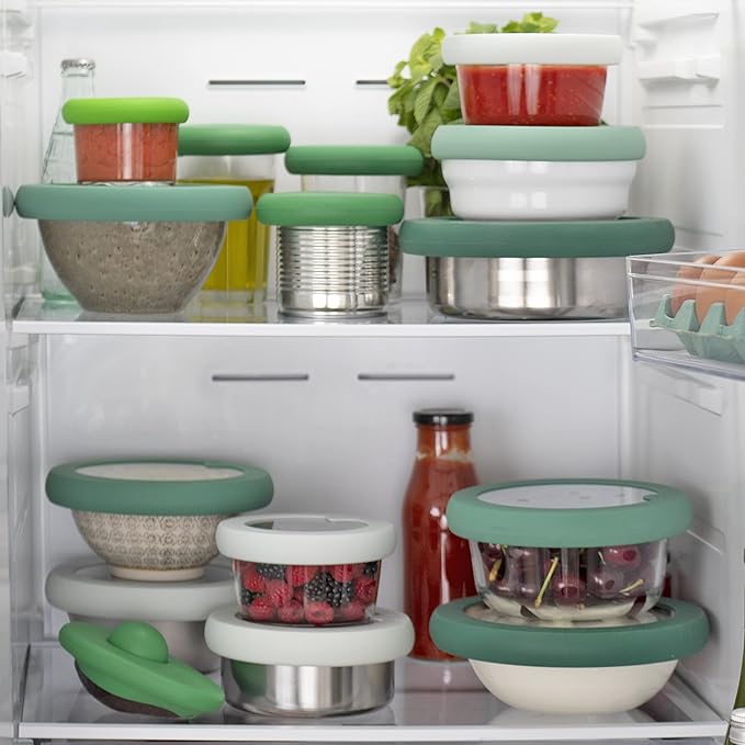 Food Huggers Replacement Lids for Glass Storage Containers | Silicone & Glass Lids that Don’t Crack | Fits Most Round Container Brands & Bowls | 100% Plastic Free | 1 Lid (Medium), Gradual Green