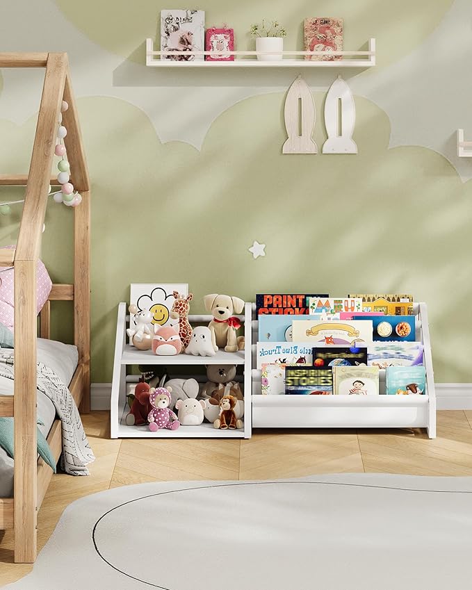 CHOEZON Kids Bookshelf, Book Shelf for Kids Rooms, Toddler Bookshelf with 2 Open Shelves and 4-Tier Sling Rack, for Kid Room, Nursery, Bedroom, Playroom, White TCW16WB