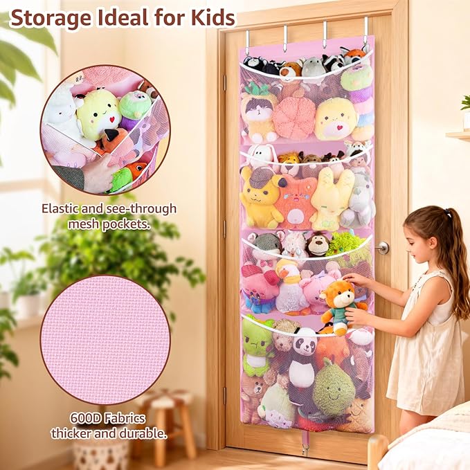 Woodoulogy Hanging Stuffed Animal Storage, Over Door Large Plush Toy Organizer with Metal Hook, Baby Accessory Holder Idea for Nursery, Doll & Bear Mesh Hammock Bag for Girl Boy Kid Room