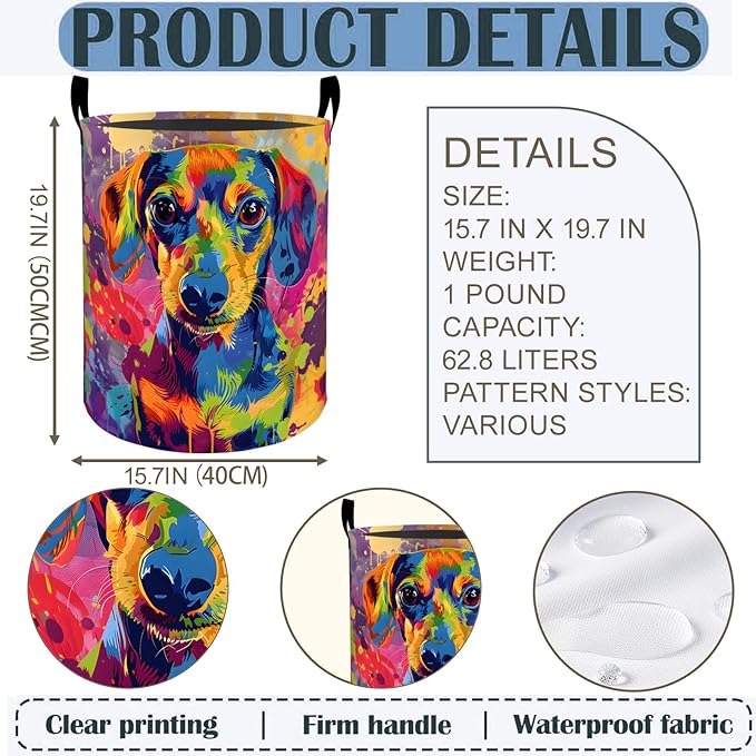 Dachshund Laundry Basket Hamper 19.7"x15.8", Colorful Dog Foldable Waterproof Oxford Clothes Storage Bucket for Room Bathroom Bedroom Nursery Decor, Toy Organizer Bins Gifts for Kids Boys Girls