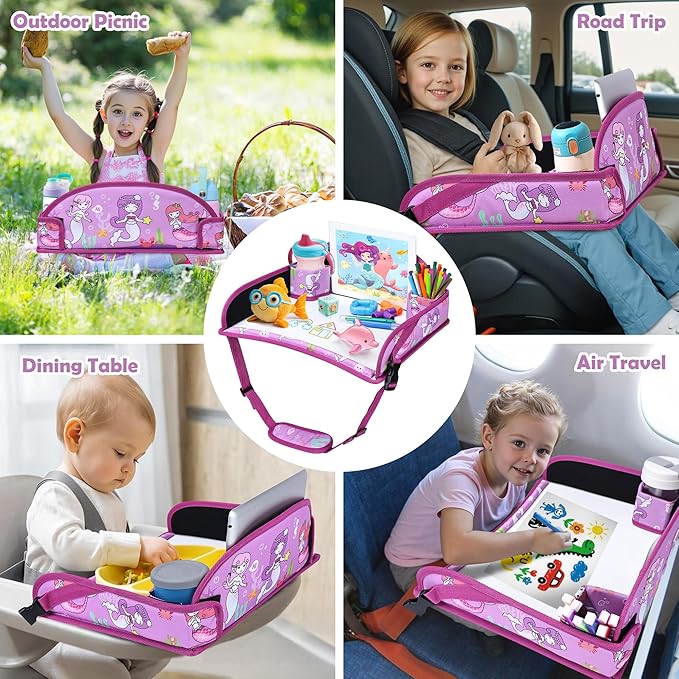 Kids Travel Tray for Toddler Carseat, Road Trip Activities Essentials, Kids Lap Desk Tray with Tablet Holder Stand and Dry Erase Board, Mermaid