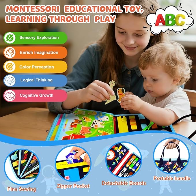 Toddler Busy Board Montessori Toys, Busy Book Educational Learning Toys for Toddler Boys, Activity Book Sensory Toy with Life Skills, Kids Travel Toy for Airplane Car Toddlers Christmas Birthday Gift