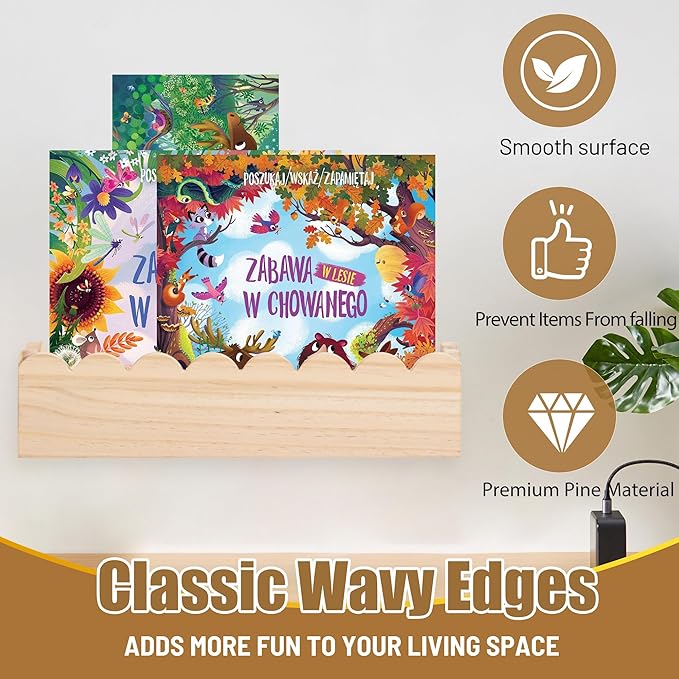 Wood Floating Shelves for Wall,Nursery Bookshelf,Kids Book Shelf,Baby Toys Storage Decor Organizer Wall Mounted for Living Room Bedroom,Wavy Edge,Preassembled,2 Pack,Scalloped Pine(Natural Wood)