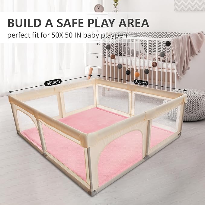 Baby Play Mat for Floor,1.3" Thick Elasti-Foam 50x50 Playpen Mat for Toddlers Infant Kids,Water-Repellent Soft Coral Velvet Tummy Time Mats,Non Slip Crawling Mats,Tatami Style(Pink)