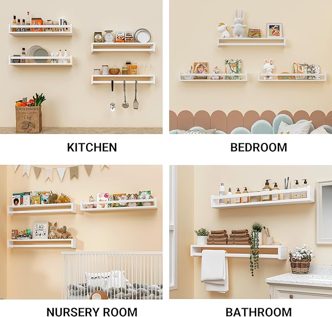 Heimlove Nursery Floating Shelves, Solid Wood Nursery Book Shelves for Wall, 32 inch Bookshelf for Kids, Wall Mounted Shelves for Books,Toys and Decor Storage, Set of 3 (White)