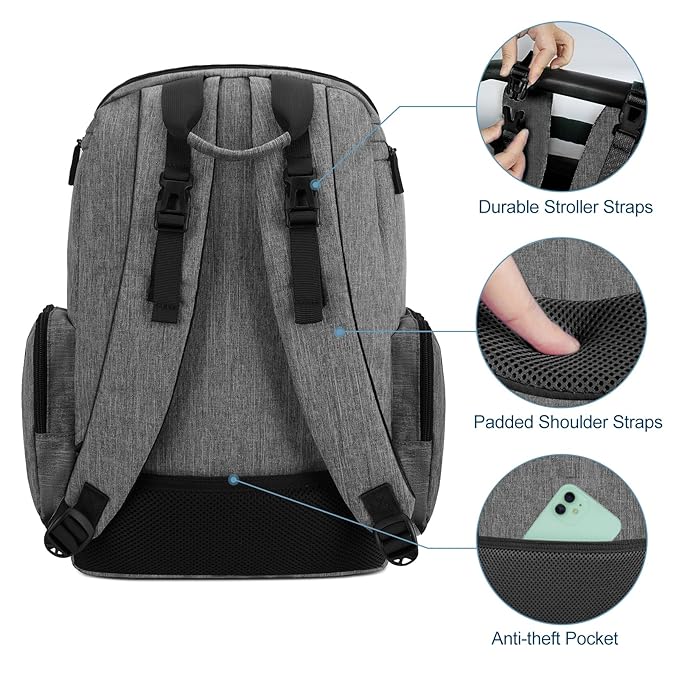 Mancro Diaper Bag Backpack, Baby Diaper Bag with 2 Side Insulated Pockets, Travel Diaper Backpack for Men Women with Stroller Straps, Large Capacity and Waterproof, Grey