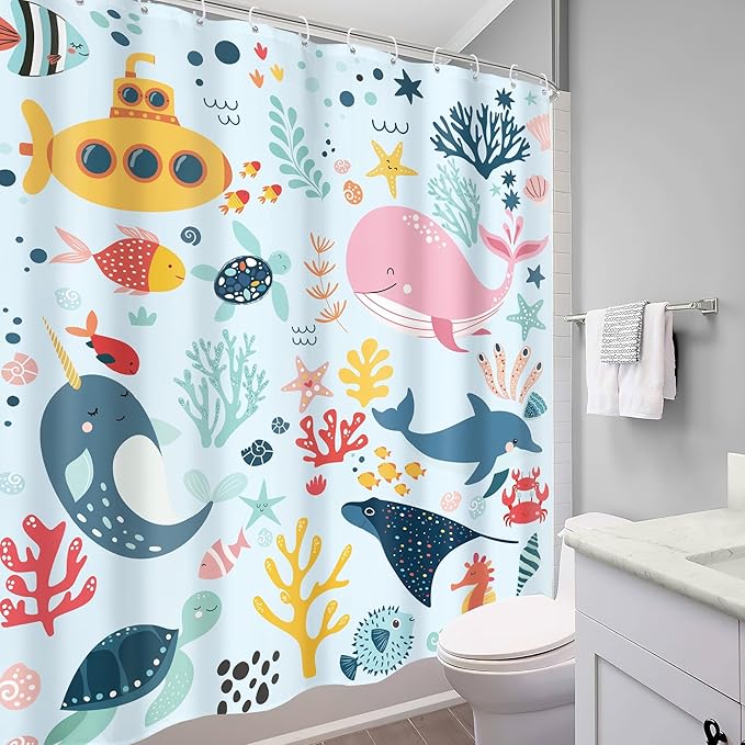 Blue Kids Shower Curtain 60Wx72H Kid Ocean Whale Funny Summer Cartoon Cute Fish Sea Animal Boy Girl Nursery Bathroom Decor Underwater Submarine Coastal Bath Curtain Polyester 12 Pack Hooks