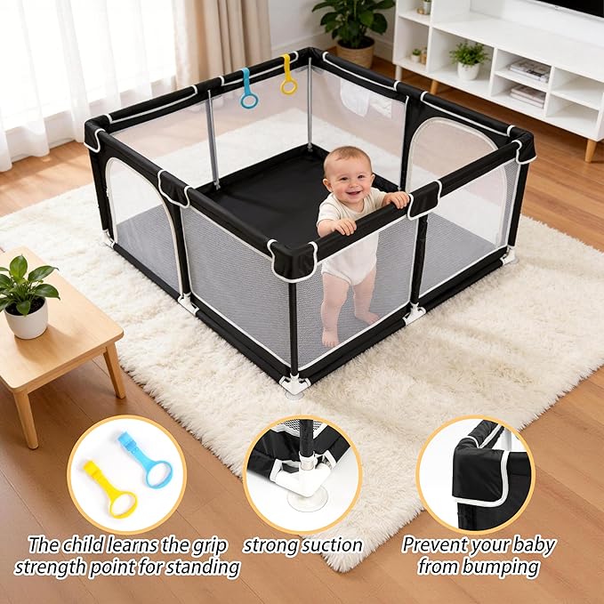 TOMBOSS 50x50 Baby Playpen, Portable Play Yard for Toddlers 1-3, Breathable Mesh Playard, Indoor & Outdoor Play Fence with Pull Rings, Sturdy Activity Pen