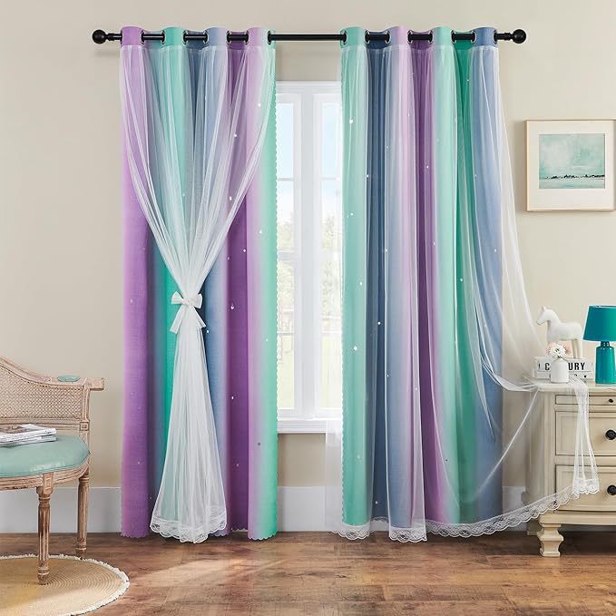 XiDi Purple Grey Green Curtains for Girls Bedroom 2 Panels Set, Rainbow Blackout Curtains for Kids Room Decor, Unicorn Wall Decals Drapes for Little Girl Nursery Room 63 Inches Long 52 Inches Wide