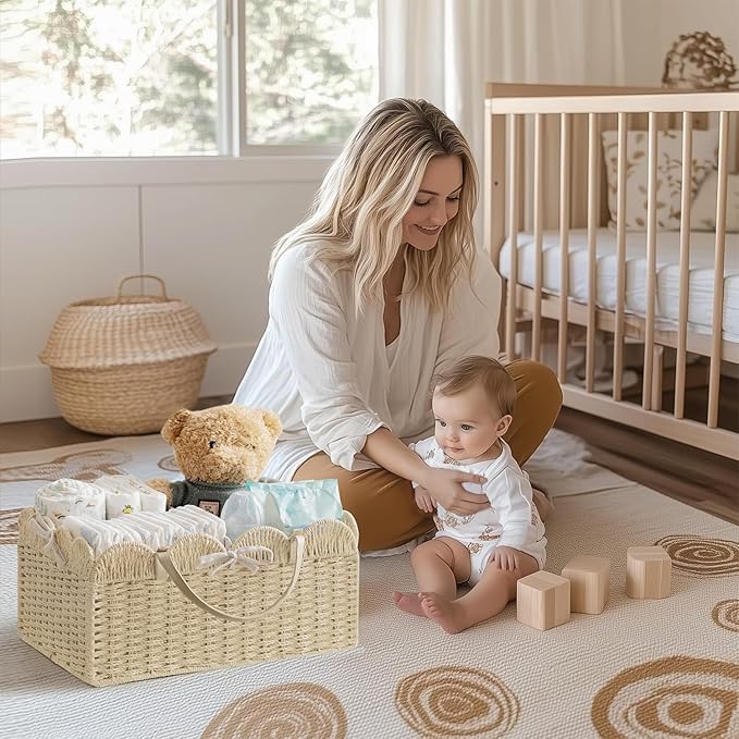 HBlife Large Baby Diaper Caddy, Paper Rope Storage Baskets Nursery Bin with Removable Divider, Portable Car Organizer for Diapers, Baby Shower Gifts, Newborn Essentials Must Haves