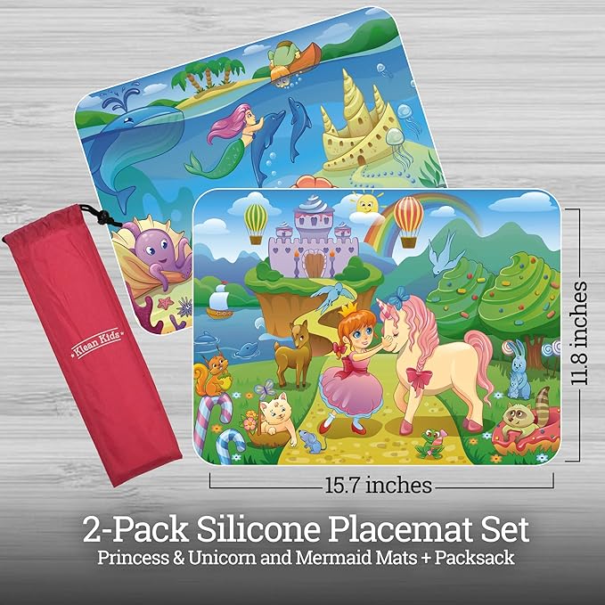 Klean Kids [2 Pack] Silicone Placemats for Toddlers (Mermaid and Princess) - Non Slip 2-Pack with Travel Bag - Princess & Mermaid - Baby Placemats That Stick to Table for Baby