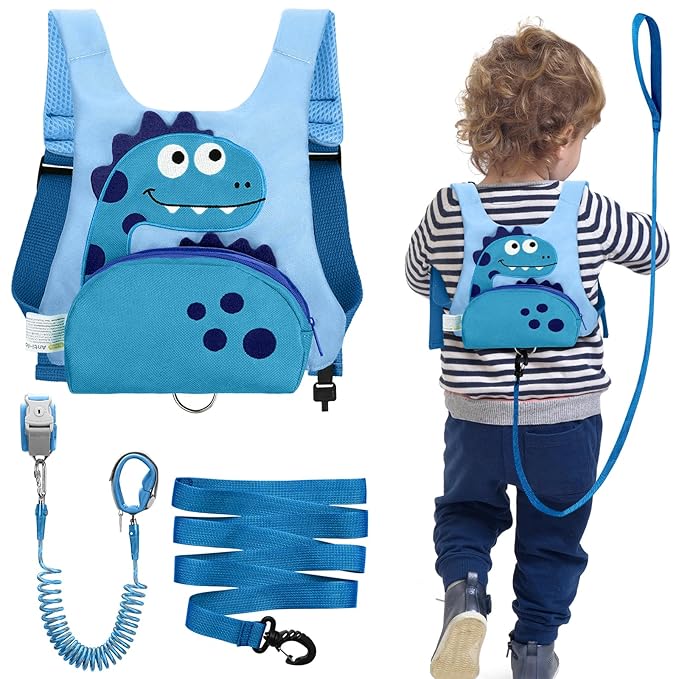 Dr.meter 3 in 1 Toddler Harness Leash + 8.2ft Anti Lost Wrist Link, Cute Dinosaur Kids Safety Harness with Key Lock, Child Walking Harness Assistant Strap for Outdoor Activity Travel