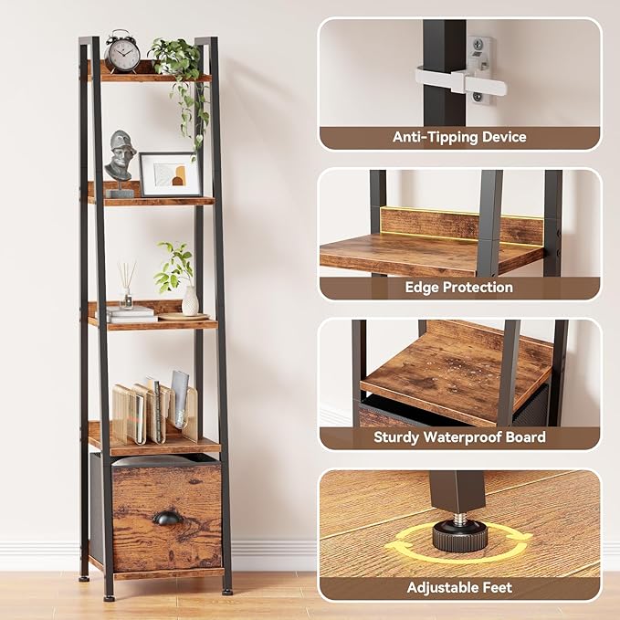 Furologee 5 Tier Narrow Ladder Shelf, Ladder Bookshelf with Drawer, Industrial Shelves Storage Rack Organizer,Skinny Display Shelving Units for Living Room,Bedroom, Kitchen,Rustic Brown