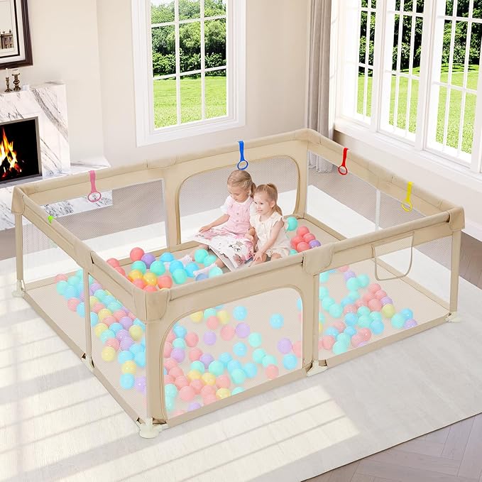Dripex Large Baby Playpen 71×47 Inch, Big Play Pens for Babies and Toddlers- Indoor & Outdoor Kids Safe Play Area, Soft Breathable Visible Mesh, Anti-Fall & Anti-Slip Design Baby Fence, Khaki