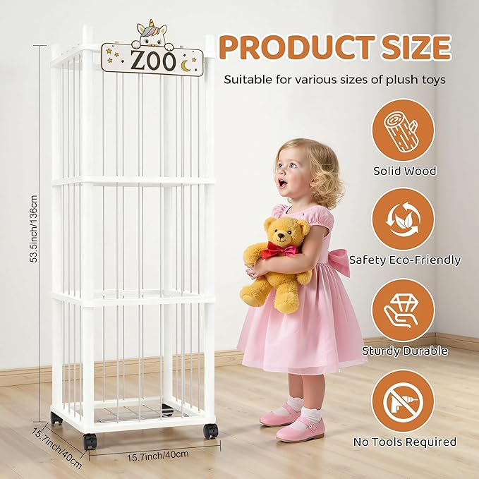 Stuffed Animal Storage Zoo Tower,56In Wooden Large Stuffed Animal Holder Organizer with Wheels,Stuffy Plushies Storage with Elastic Band&Mesh Bottom,Toy Storage Organizers for Playroom Nursery（White）