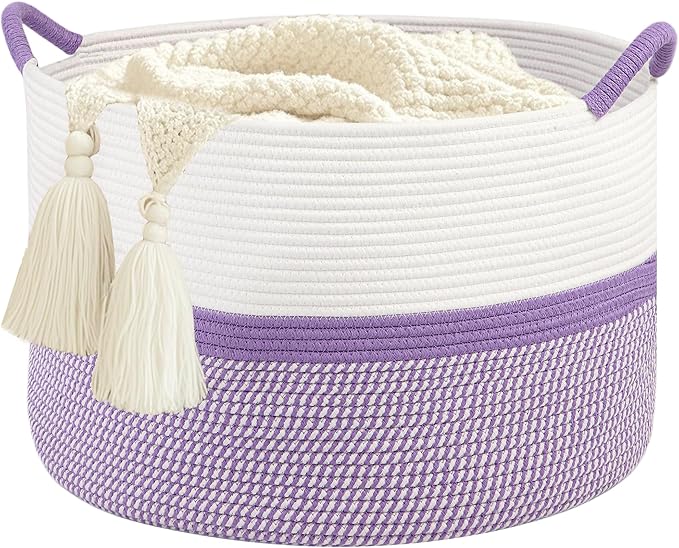 Large Cotton Rope Storage Basket, 20''x13'' Woven Laundry Hamper for Living Room, Nursery, Toys, Blanket Organization with Handles (White and Purple)